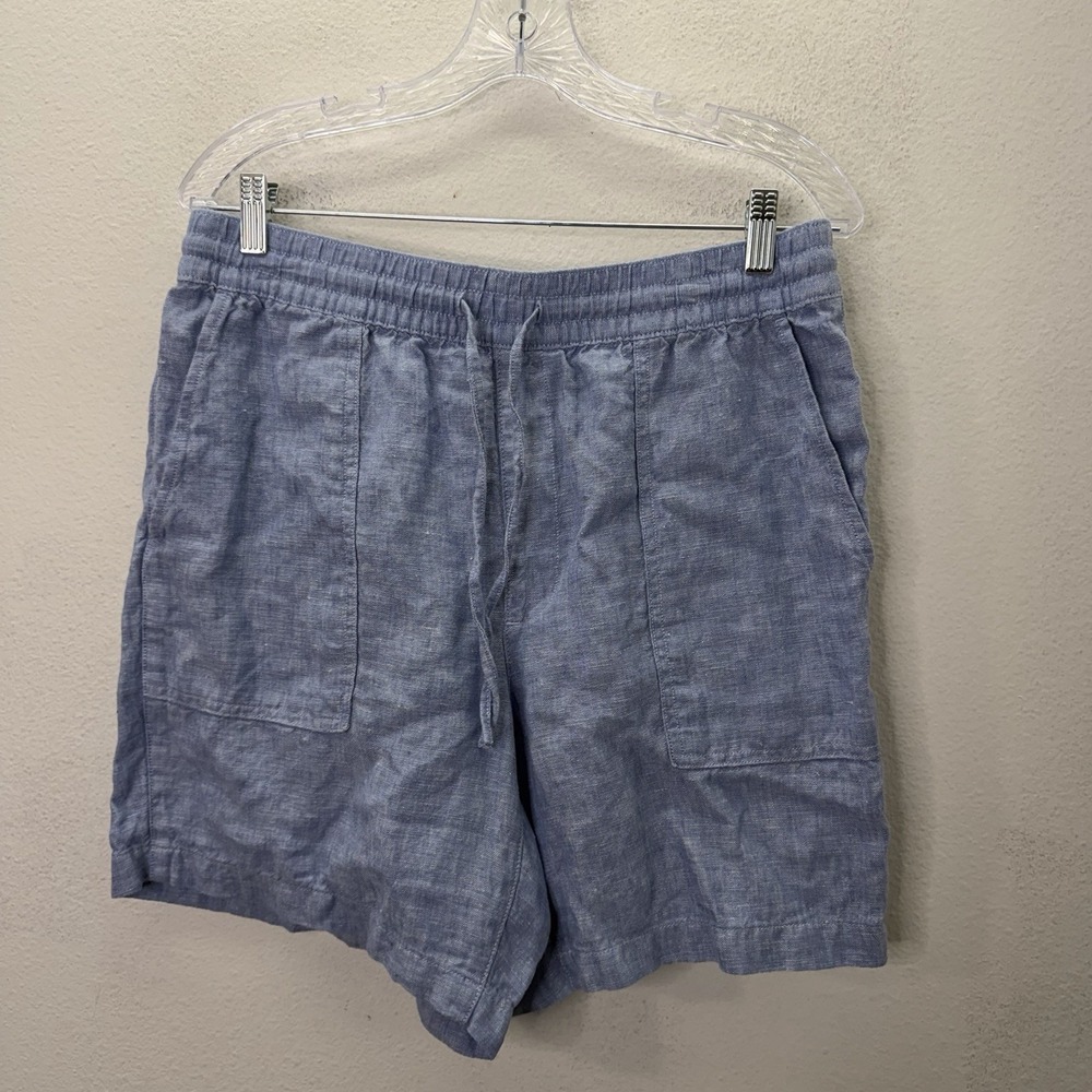 Lands End Shorts Womens M Chambray Blue 100% Linen High Rise Pull On Stretch